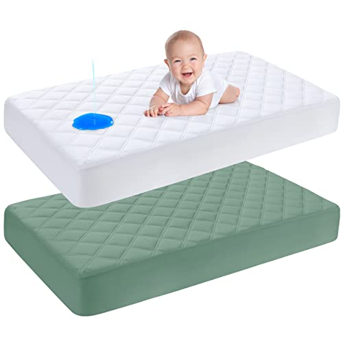 Yoofoss 2 Pack Waterproof Crib Mattress Protector, Quilted Fitted Crib Mattress Pad, Ultra Soft Breathable Toddler Mattress Protector Baby Crib Mattress Cover (White and Dark Green, 52''x28'')
