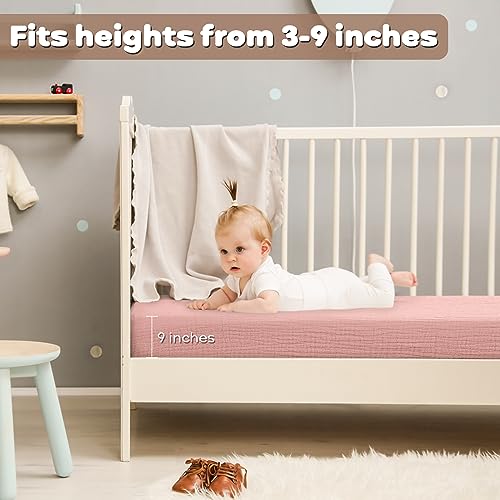 Yoofoss Muslin Fitted Crib Sheets, 28in x 52in Soft Breathable Toddler Crib Mattress, Fits Standard Size Mattress 2 Pack Apricot & Pink