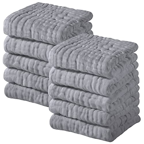 Yoofoss Muslin Baby Washcloths 100% Cotton Face Towels 10 Pack Wash Cloths for Baby 12x12in Soft and Absorbent Baby Wipes (Grey)