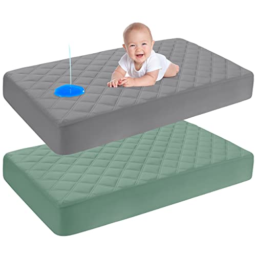 Waterproof Fitted Crib Mattress Pad, Gray & Green , 2 Pack