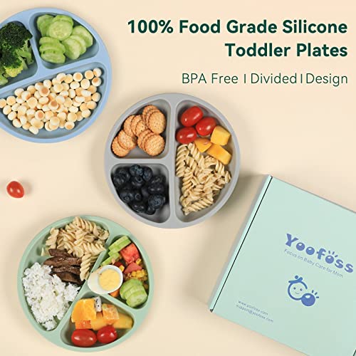 Yoofoss Toddler Plates 3 Pack - Suction Plates for Baby - 100% Silicone Baby Plates - BPA Free - Microwave and Dishwasher Safe - Divided Design - Blue,Green&Grey