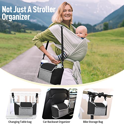 Yoofoss Baby Stroller Organizer Stroller Caddy - Universal Stroller Organizer Bag with Insulated Cup Holder Phone Bag, Stroller Storage Fits Most Baby and Pet Strollers, Grey&Black