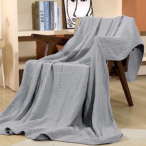 Yoofoss Muslin Blanket 100% Cotton Summer Blanket Large Twin Size 60" x 80" for Bed Couch 6-Layer Gauze Blanket for Adults Lightweight and Breathable Grey