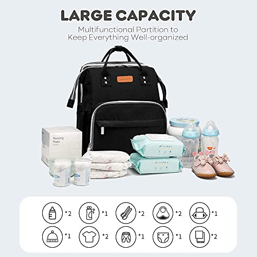 Yoofoss Baby Diaper Bag Backpack, Large Baby Bag Multifunction Diaper Backpack for Baby Girls Boys with USB Charging Port Stroller Strap, Baby Registry Search, Newborn Baby Essential Gifts, Pure Black