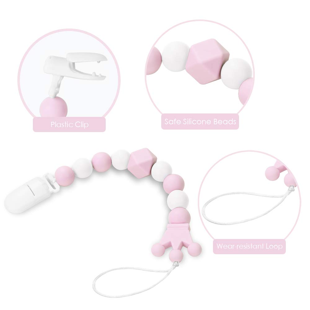 Yoofoss Pacifier Clip Silicone Teething Beads Teether Clips Pacifier Holder for Baby Boys and Girls, 4 Pack