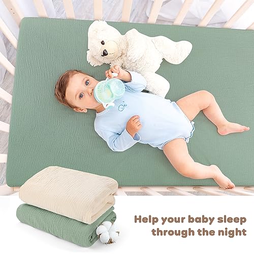 Muslin Fitted Crib Sheets Apricot & Green, 2 Pack