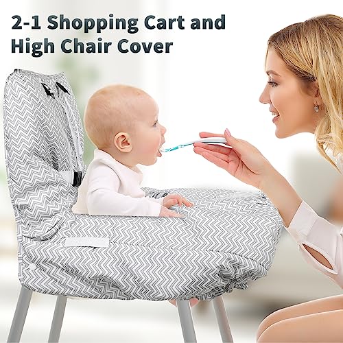 Yoofoss Shopping Cart Cover for Baby, 2-in-1 High Chair Cover with Safety Harness, Multifunctional Cart Covers for Toddler, Universal Fit, Soft Padded Grocery Cart Cover for Baby Boy Girl - Gray Waves