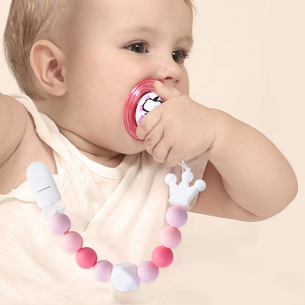 Yoofoss Pacifier Clip Silicone 4 Pack for Baby Girls BPA Free Teething Beads Fits Most Pacifier Styles &Teething Toys