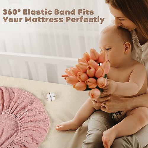 Muslin Fitted Crib Sheets Apricot & Pink, 2 Pack