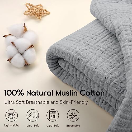 Yoofoss Muslin Blanket 100% Cotton Summer Blanket Large Twin Size 60" x 80" for Bed Couch 6-Layer Gauze Blanket for Adults Lightweight and Breathable Grey