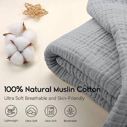Yoofoss Muslin Blanket 100% Cotton Summer Blanket Large Twin Size 60" x 80" for Bed Couch 6-Layer Gauze Blanket for Adults Lightweight and Breathable Grey