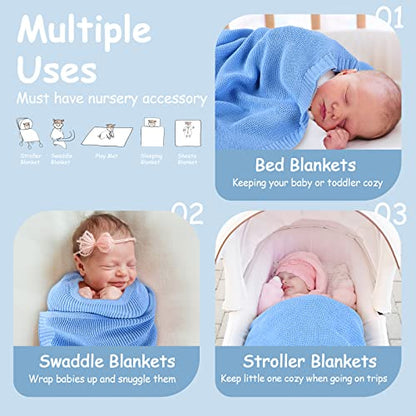 Yoofoss Baby Blankets - 100% Cotton Knit Receiving Blanket 30" x 40", Breathable Cozy Unisex Nursery Stroller Swaddle Blanket for Newborns, Infants, Toddler, Boys and Girls (0-2Yrs, Blue)