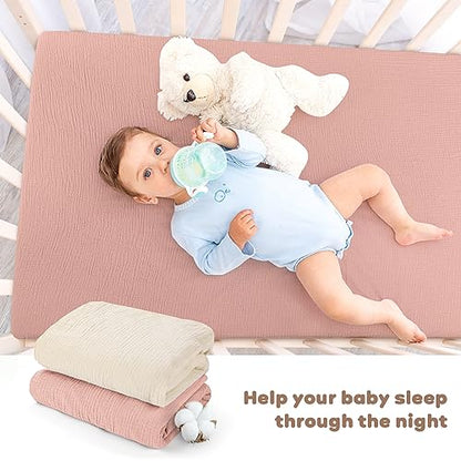 Muslin Fitted Crib Sheets Apricot & Pink, 2 Pack