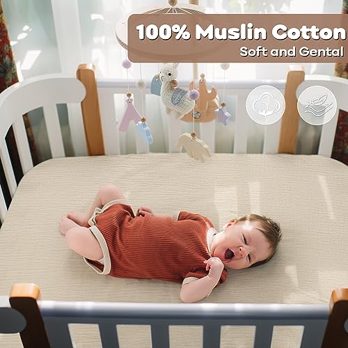 Yoofoss Muslin Fitted Crib Sheets, 28in x 52in Soft Breathable Toddler Crib Mattress, Fits Standard Size Mattress 2 Pack Apricot & Brown