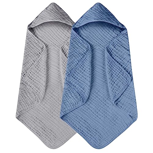 Large Hooded Baby Towels, Gray & Dark Blue