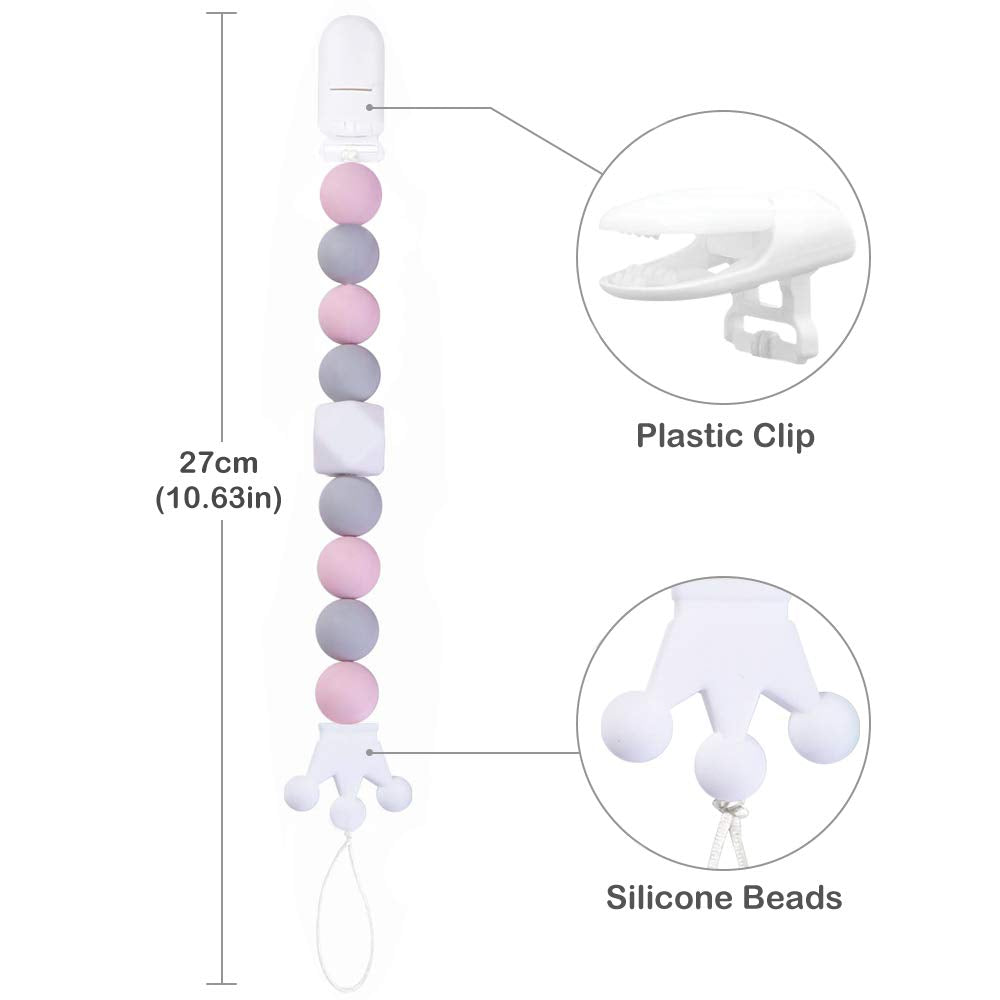 Yoofoss Pacifier Clip Silicone 4 Pack for Baby Girls BPA Free Teething Beads Fits Most Pacifier Styles &Teething Toys
