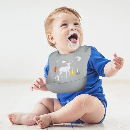 YOOFOSS Silicone Baby Bibs for Babies & Toddlers, 3 Pcs Baby Feeding Bibs Waterproof Baby Bibs for Boys & Girls, BPA Free, Easy Clean, Grey/Green/Blue