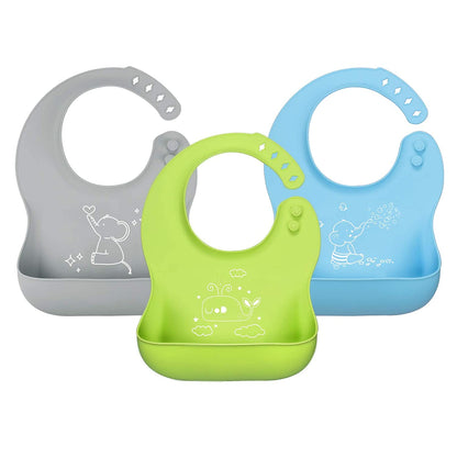 YOOFOSS Silicone Baby Bibs for Babies & Toddlers, 3 Pcs Baby Feeding Bibs Waterproof Baby Bibs for Boys & Girls, BPA Free, Easy Clean, Grey/Green/Blue