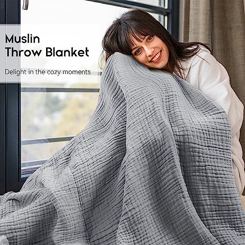 Yoofoss Muslin Blanket 100% Cotton Summer Blanket Large Twin Size 60" x 80" for Bed Couch 6-Layer Gauze Blanket for Adults Lightweight and Breathable Grey