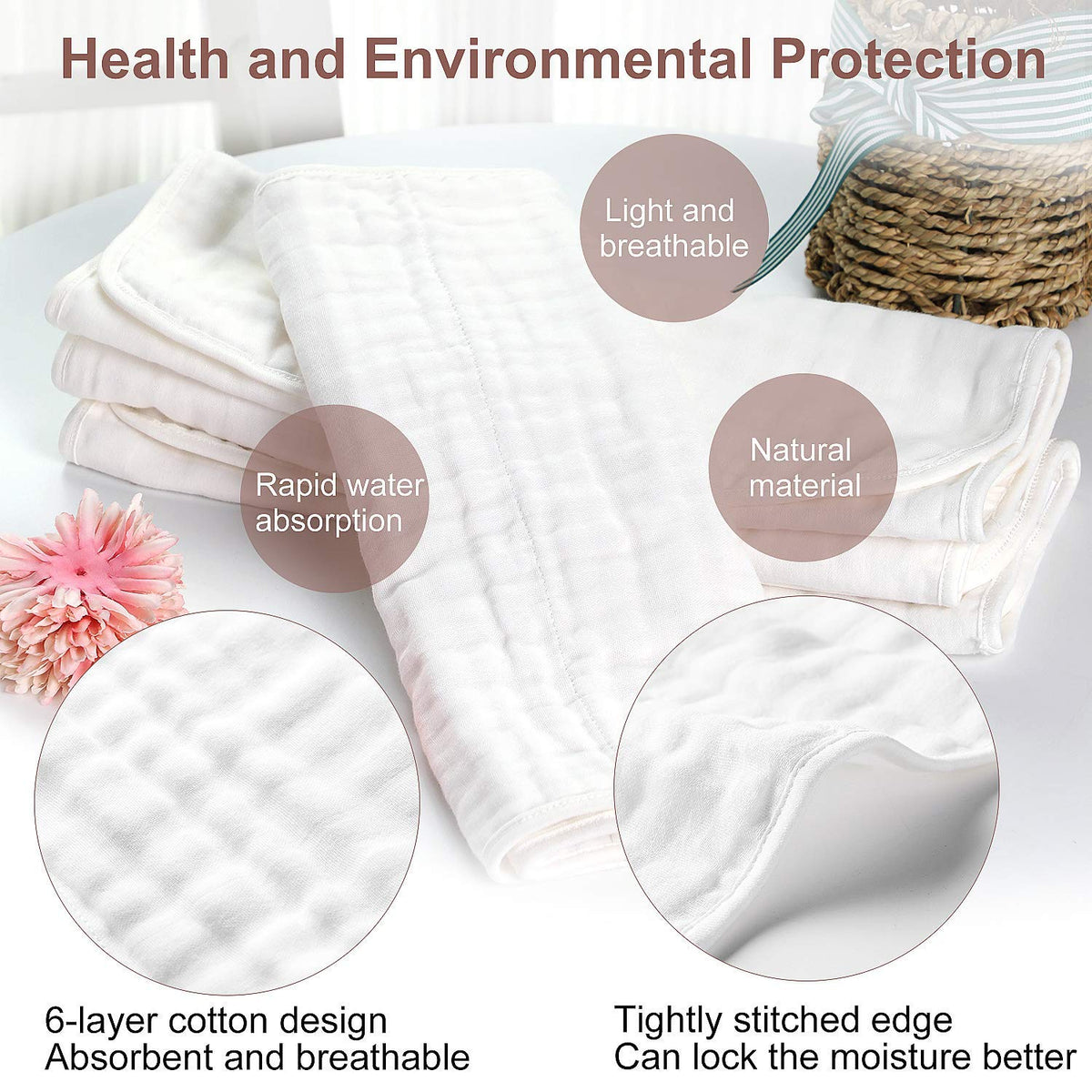 Muslin Burp Cloths 100% Cotton 6 Layers Large 10''x20'' Extra Soft and Absorbent 5 Pack by YOOFOSS