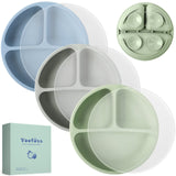 Yoofoss Toddler Plates 3 Pack - Suction Plates for Baby - 100% Silicone Baby Plates - BPA Free - Microwave and Dishwasher Safe - Divided Design - Blue,Green&Grey