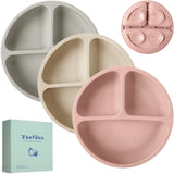 Yoofoss Toddler Plates 3 Pack - Suction Plates for Baby - 100% Silicone Baby Plates - BPA Free - Microwave and Dishwasher Safe - Divided Design - Blue,Green&Grey