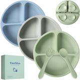 Yoofoss Toddler Plates 3 Pack - Suction Plates for Baby - 100% Silicone Baby Plates - BPA Free - Microwave and Dishwasher Safe - Divided Design - Blue,Green&Grey