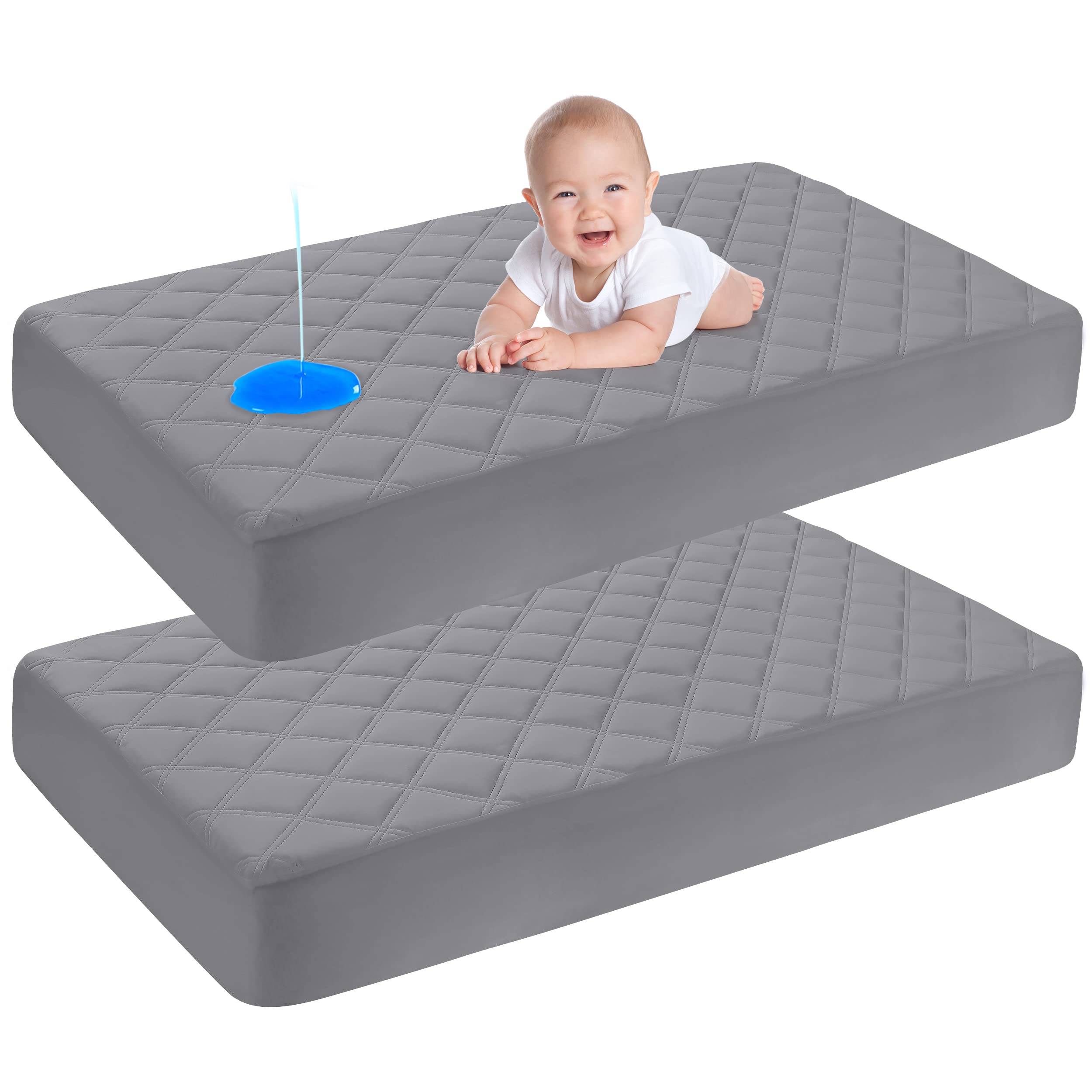 Yoofoss Waterproof Crib Mattress Protector 2 Pack, Quilted Crib Mattress Pad Cover Ultra Soft and Breathable, Machine Washable Toddler Mattress